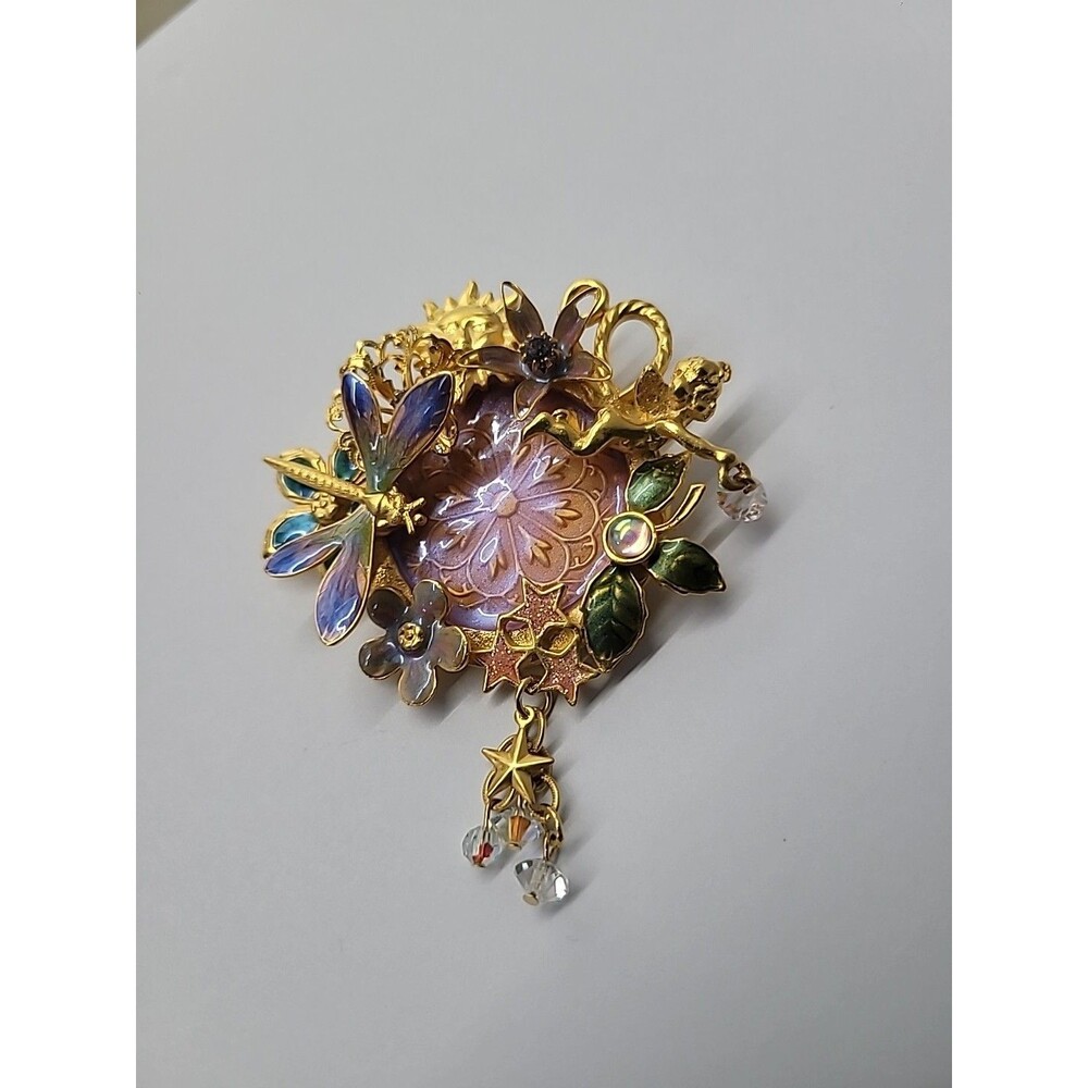 Vintage Kirks Folly Fairy Dragonfly Garden Brooch Iridescent Medallion Retired - Picture 5 of 16